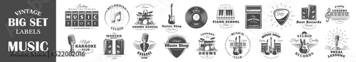 Set of vintage musical labels templates. Elements for design. Vector illustration