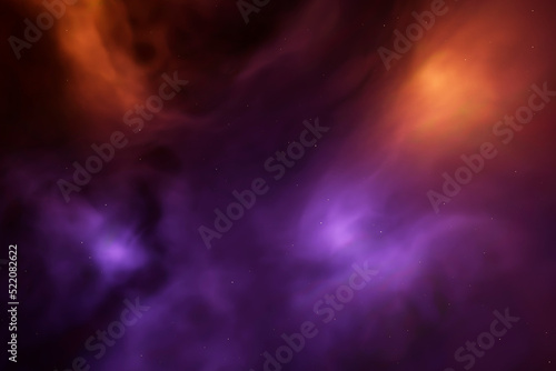 Abstract 3d purple with orange colors fog or swirling smoke and yellow dots on dark background. Magic light effect with vapor and gas. 3d rendering illustration. © Игорь Жуков