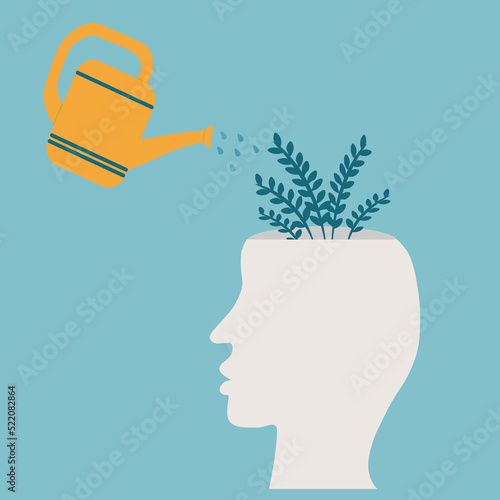 World Mental Health Day Concept Vector Illustration. Human head with flowers and watering can