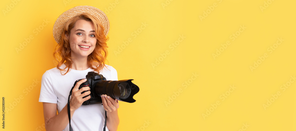 Woman isolated face portrait, banner with mock up copy space. happy woman in straw hat photographing. girl hold photo camera. Woman isolated face portrait, banner with mock up copy space. happy woman in straw hat photographing. girl hold photo camera.