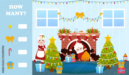 Christmas riddle for kids with santa claus coming ot from chimney, mrs claus decorating tree, printable worksheet for children in cartoon style, how many game