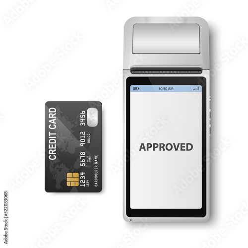 Vector 3d NFC Payment Machine with Approved Status and Credit Card. Wi-fi, Wireless Payment. POS Terminal, Machine Design Template of Bank Payment Contactless Terminal, Mockup. Top VIew