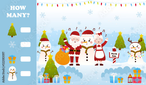 Christmas riddle for kids with santa claus and mrs claus singing carols with snowman, printable worksheet for children in cartoon style, how many game