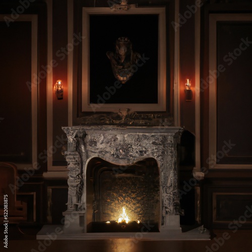 Gothic manor fireplace in darkness