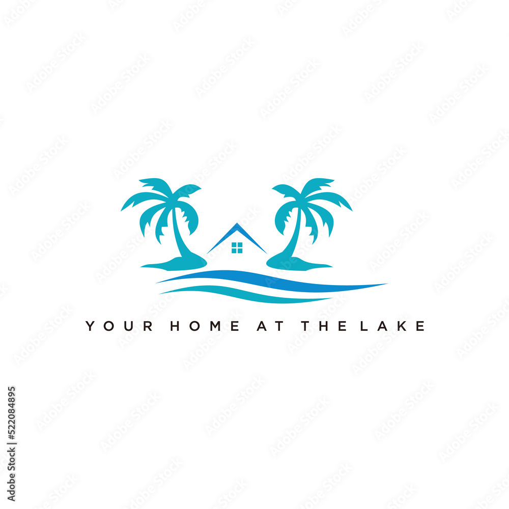 landscape, peak river creek logo vector template. modern outdoor emblem with lake view and cabin house in forest logo icon vector, cottage hut cabin logo template