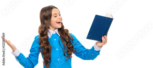 Obraz na plátně Happy child read school book aloud with expression isolated on white, reading