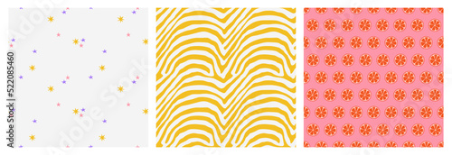 Set of seamless patterns. Summer Backgrounds with stars, abstract stripes and citrus. Modern design for wrapping paper, textiles, decor. Vector illustration