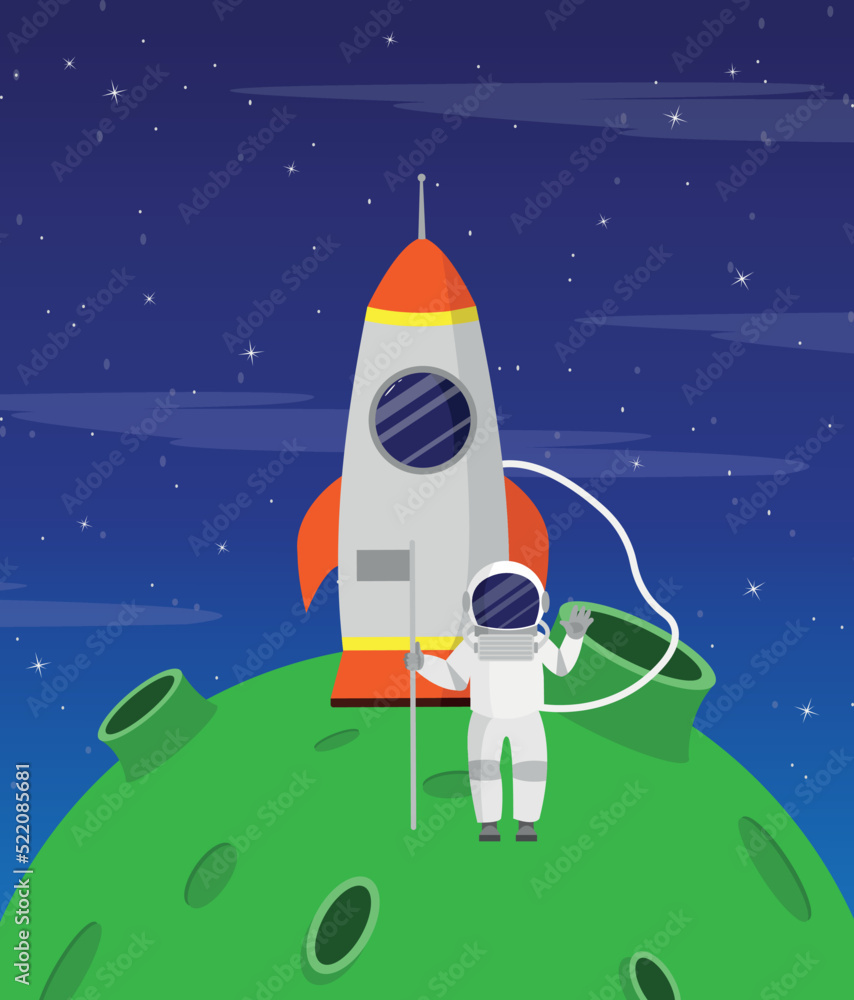 Astronaut on the background of a rocket on an unknown planet. Astronaut on the background of a rocket on an unknown planet.