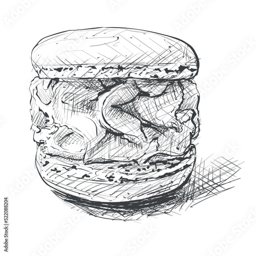 Vector black and white sketch illustration of cute creamy sweet cupcake