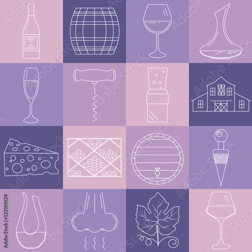 Outline wine design icon collection. Icon set with wine elements including wine bottle, glasses, barrel, vineyard, grape vine, carafe