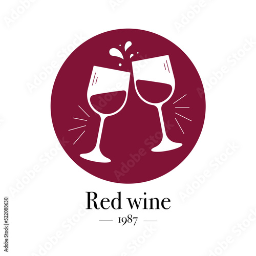 Logo design with red wine glasses and wine splash. Logo for wine bar, winery, venyard, lounge