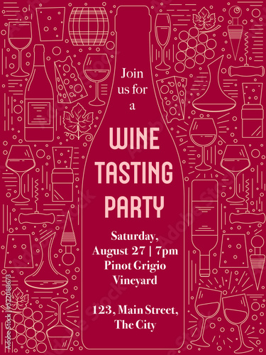 Wine tasting party invitation template. Invitation card with outline wine elements including wine bottle, wine glass, cheese, corkscrew, carafe, cork, wine stopper, barrel, grape vine
