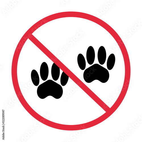 Animal prohibition. Dog prohibited icon. Dog paw. Pet prohibition. Vector.