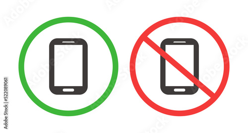 Smartphone Restrictions Icon Set. Smartphone use allowed and prohibited. Vector.