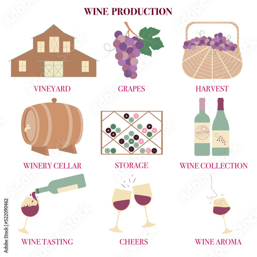 Set of wine elements. Collection of logo wine elements including vineyard, grape vine, grapes harvest, barrel, wine storage, wine glasses