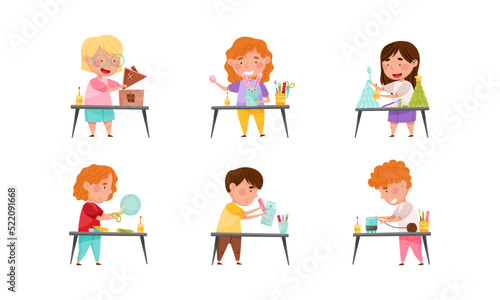 Inventive Kids Engaged in Upcycling Reusing Recyclable Materials Vector Set