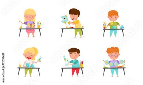 Inventive Kids Engaged in Upcycling Reusing Recyclable Materials Vector Set
