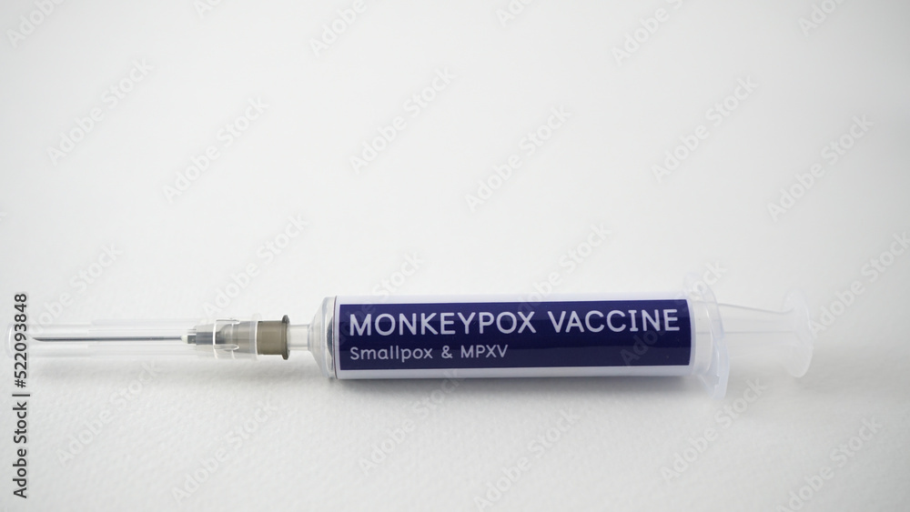 Vaccine syringe on white background. Protect MPXV virus by vaccination. Monkeypox is new epidemic. Vaccine syringe on white background. Protect MPXV virus by vaccination. Monkeypox is new epidemic.
