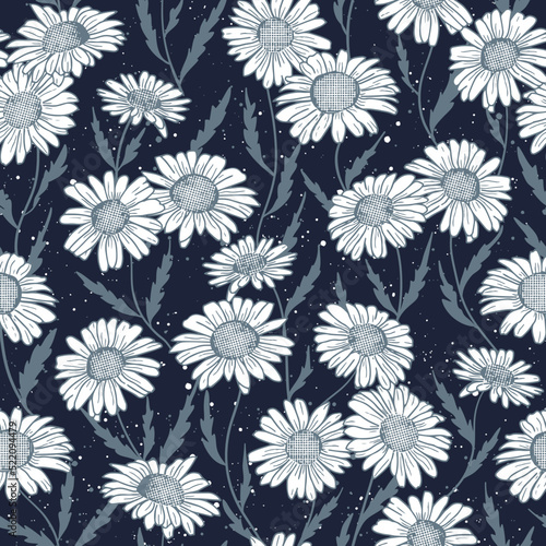 Delicate daisy print - seamless vector background. Vector seamless pattern with daisies on navy blue