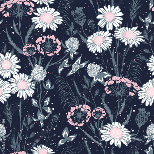 Delicate wild meadow print - seamless vector background. Vector seamless pattern with daisies, clovers, wild grass on navy blue