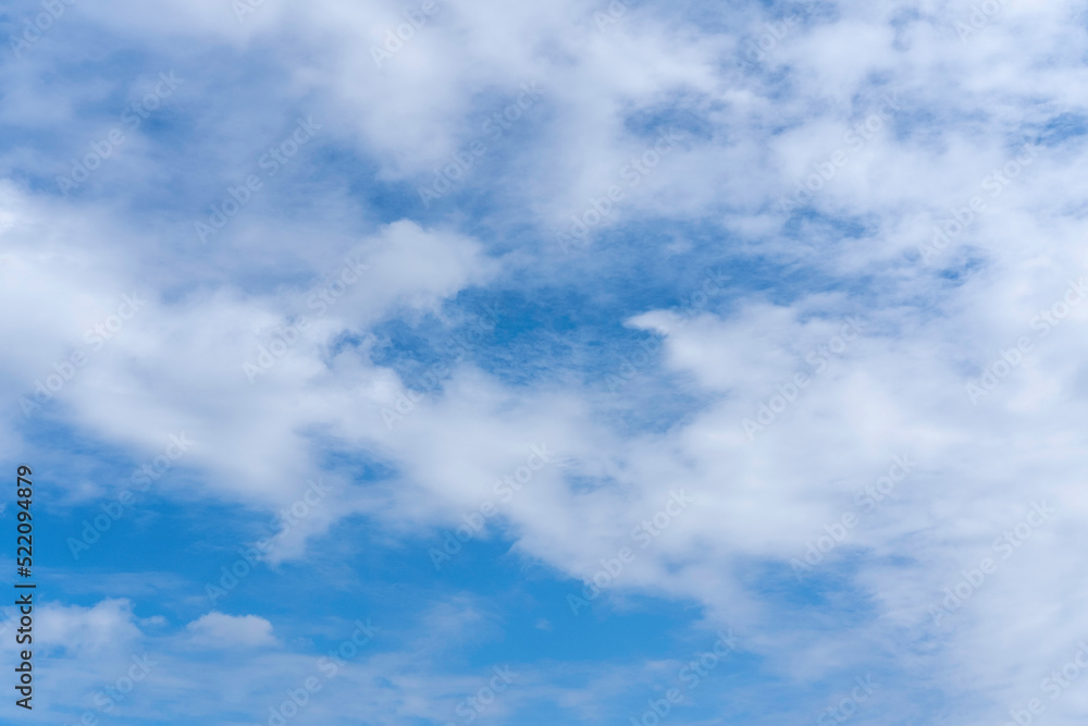 Blue sky background with white fluffy cumulus clouds. Panorama of white fluffy clouds in the blue sky. Beautiful vast blue sky with amazing scattered cumulus clouds.