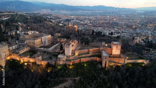 Alhambra palace in Granada, Spain, islamic medieval castle, aerial view of famous tourist landmark in Andalucia, southern Spain photo