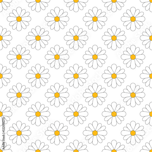 Seamless pattern with camomile, flat blossoms on white background