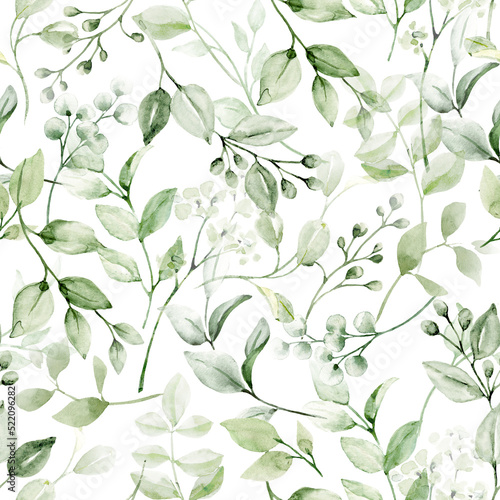 Fototapeta Naklejka Na Ścianę i Meble -  Seamless pattern with watercolor leaves, repeat floral texture, background hand drawing. Perfectly for wrapping paper, wallpaper, fabric, texture and other printing.
