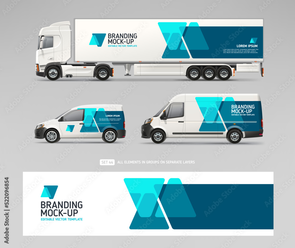 Realistic Truck Trailer, Cargo Van, Company Car with abstract brand ...