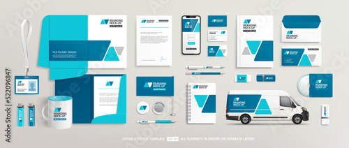 Brand Identity Mock-Up of stationery set with blue abstract geometric design. Business office stationary mockup template of File folder, annual report, van car, brochure, corporate mug