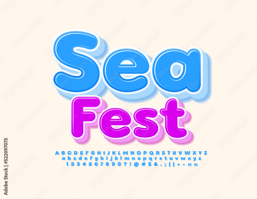 Vector trendy poster Sea Fest with 3D blue Font. Cute set of Alphabet Letters, Numbers and Symbols Vector trendy poster Sea Fest with 3D blue Font. Cute set of Alphabet Letters, Numbers and Symbols