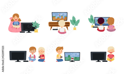 Little Kids Sitting with Gamepad and Playing Video Game Vector Set