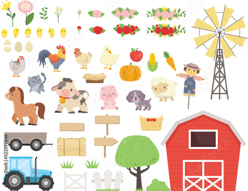 Cute Kawaii-style Farm Animals on a Farm