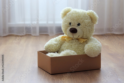 A white teddy bear sits in a cardboard box for a gift © Сергей Стельченко