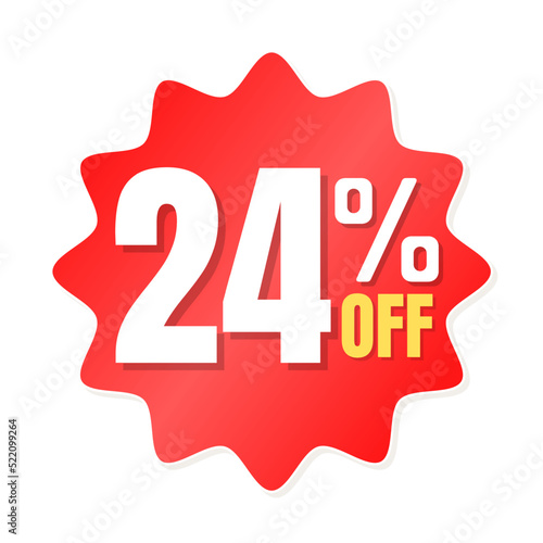 24% percent off(offer), shop now, red and yellow 3D super discount sticker, sale. vector illustration, Twenty four 