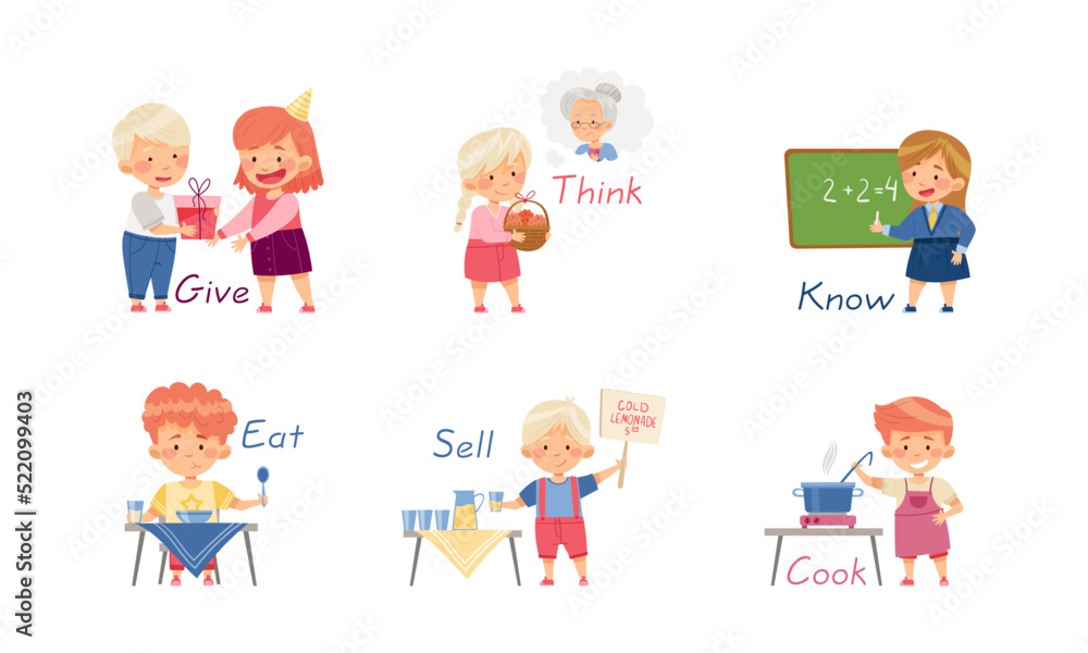 Funny Kids Engaged in Different Activities Demonstrating Verb Vector Set Funny Kids Engaged in Different Activities Demonstrating Verb Vector Set