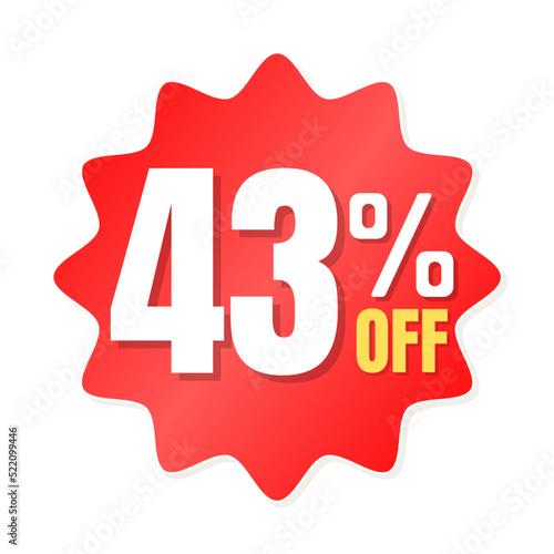 43% percent off(offer), shop now, red and yellow 3D super discount sticker, sale. vector illustration, Forty-three 