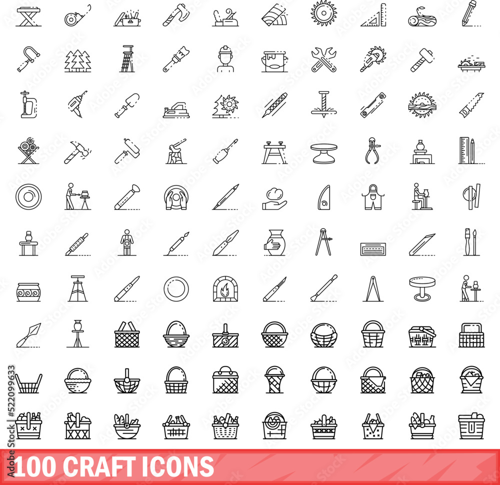 100 craft icons set. Outline illustration of 100 craft icons vector set isolated on white background 100 craft icons set. Outline illustration of 100 craft icons vector set isolated on white background
