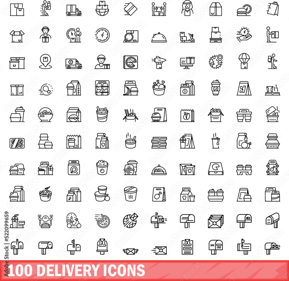 100 delivery icons set. Outline illustration of 100 delivery icons vector set isolated on white background 100 delivery icons set. Outline illustration of 100 delivery icons vector set isolated on white background
