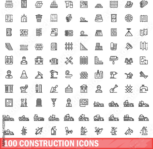 100 construction icons set. Outline illustration of 100 construction icons vector set isolated on white background