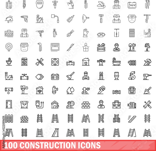 100 construction icons set. Outline illustration of 100 construction icons vector set isolated on white background
