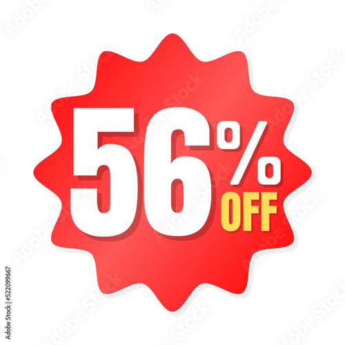 56% percent off(offer), shop now, red and yellow 3D super discount sticker, sale. vector illustration, Fifty six