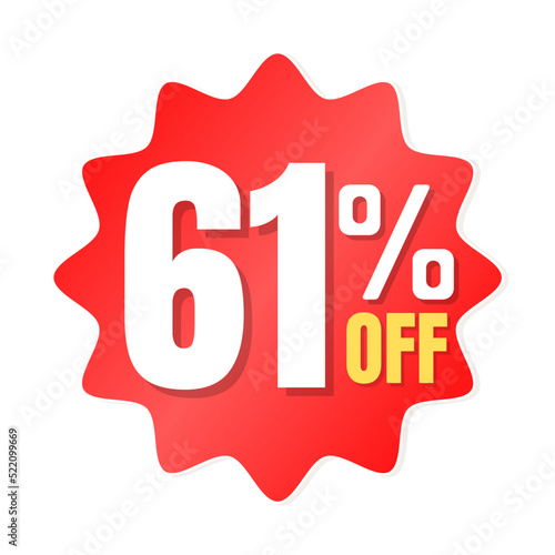 61% percent off(offer), shop now, red and yellow 3D super discount sticker, sale. vector illustration, Sixty one