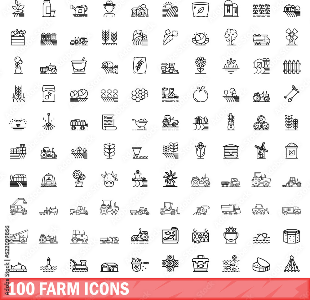 100 farm icons set. Outline illustration of 100 farm icons vector set isolated on white background 100 farm icons set. Outline illustration of 100 farm icons vector set isolated on white background