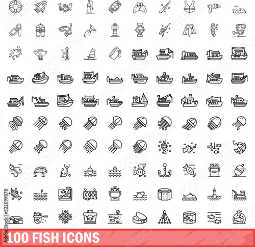 100 fish icons set. Outline illustration of 100 fish icons vector set isolated on white background