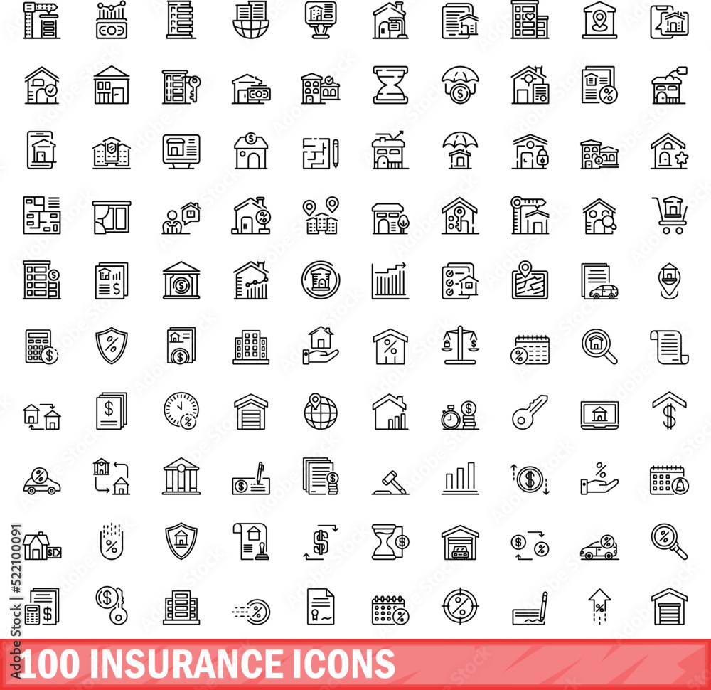 100 insurance icons set. Outline illustration of 100 insurance icons vector set isolated on white background 100 insurance icons set. Outline illustration of 100 insurance icons vector set isolated on white background
