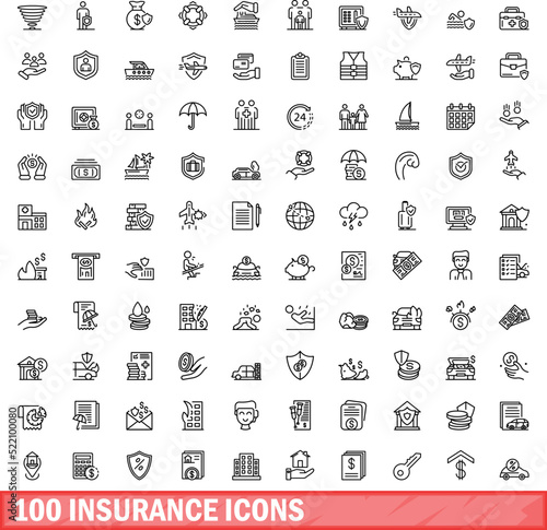 100 insurance icons set. Outline illustration of 100 insurance icons vector set isolated on white background