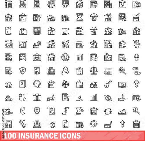 100 insurance icons set. Outline illustration of 100 insurance icons vector set isolated on white background
