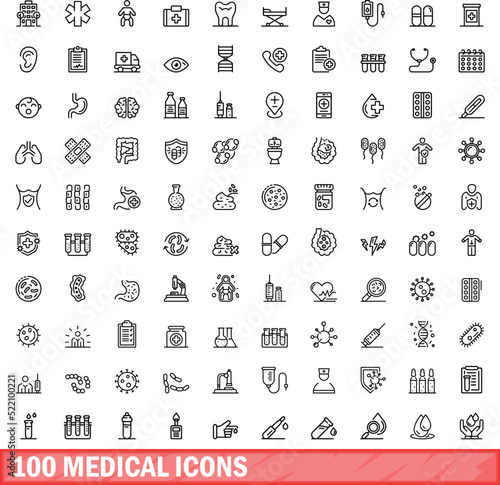 100 medical icons set. Outline illustration of 100 medical icons vector set isolated on white background