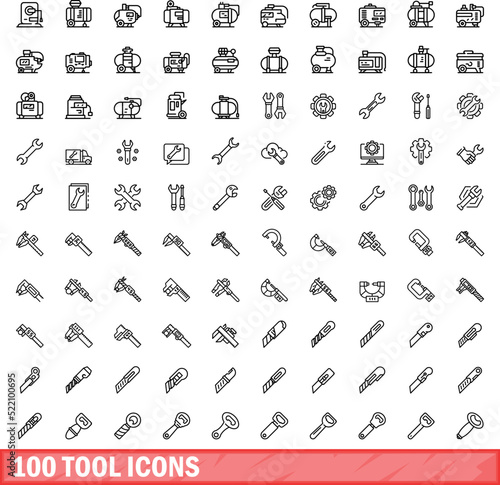 100 tool icons set. Outline illustration of 100 tool icons vector set isolated on white background